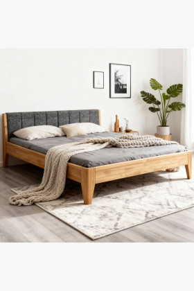 Massivholz Eiche Bett 180x200 cm mit Stoffkopfteil und